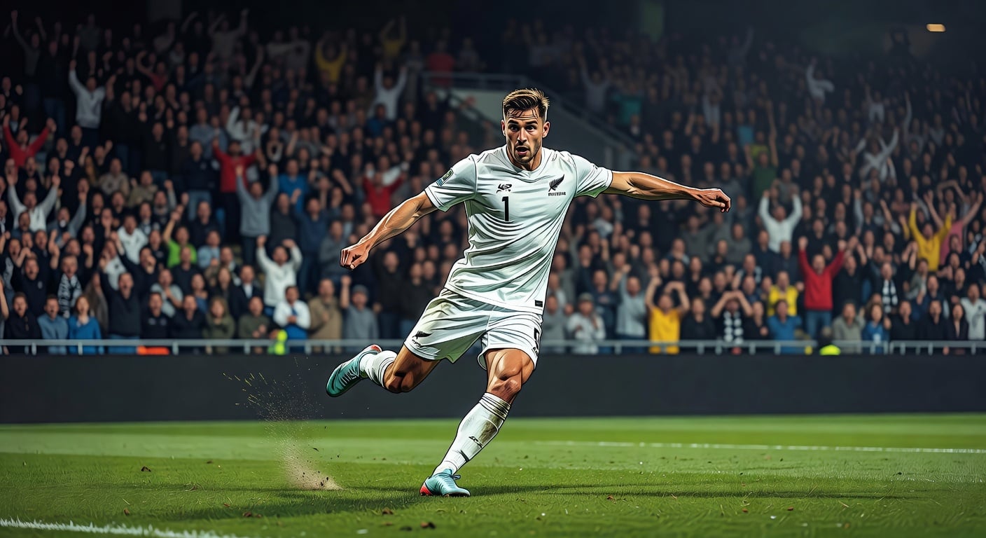 New Zealand national football team player in white kit on pitch during match, crowd in background, mid-action
