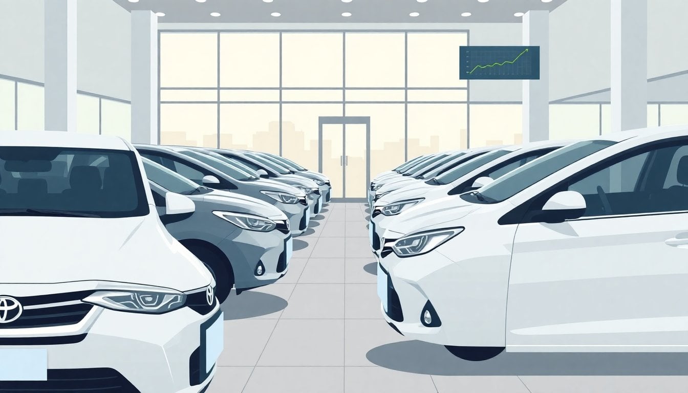 rows of new Toyota and Suzuki zero-kilometer cars at an Argentine dealership showroom, no people, natural daylight, glass facade visible