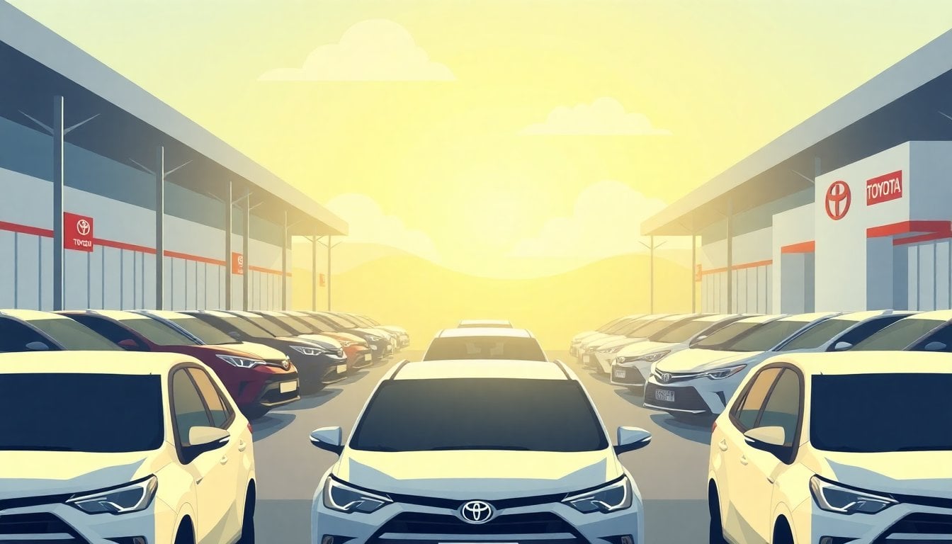 rows of Toyota SUVs and sedans at an Argentine dealership lot, sunlight reflecting on car rooftops, no people visible