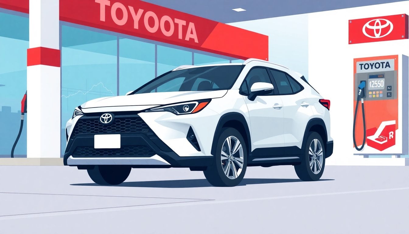 Toyota Corolla Cross SUV parked at a modern Argentine dealership, visible fuel pump nozzle and price board in the background, daylight, realistic editorial photo