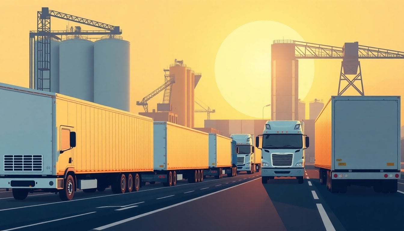 grain trucks lined up at Argentine port terminal in Gran Rosario, silos and loading infrastructure in background, golden hour light