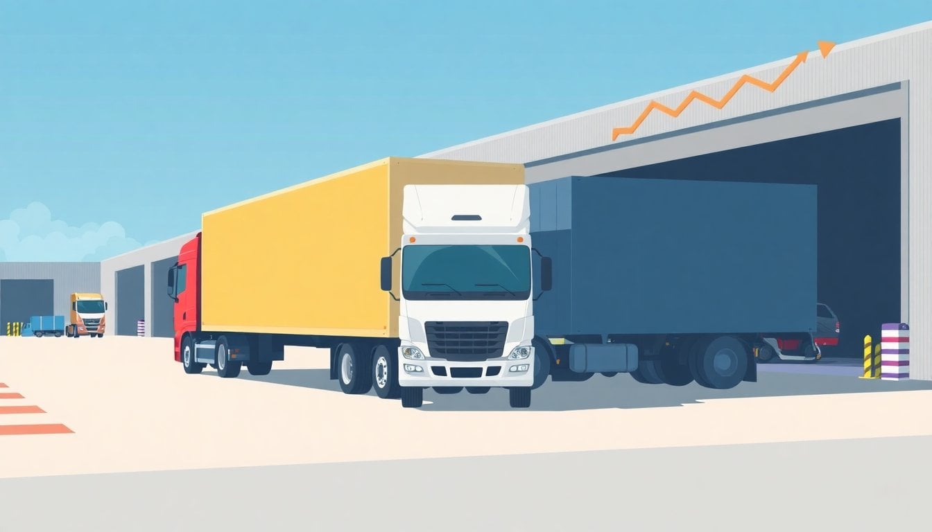 large freight trucks parked at a logistics terminal in Argentina, loading dock, industrial facility, daylight, no people in foreground