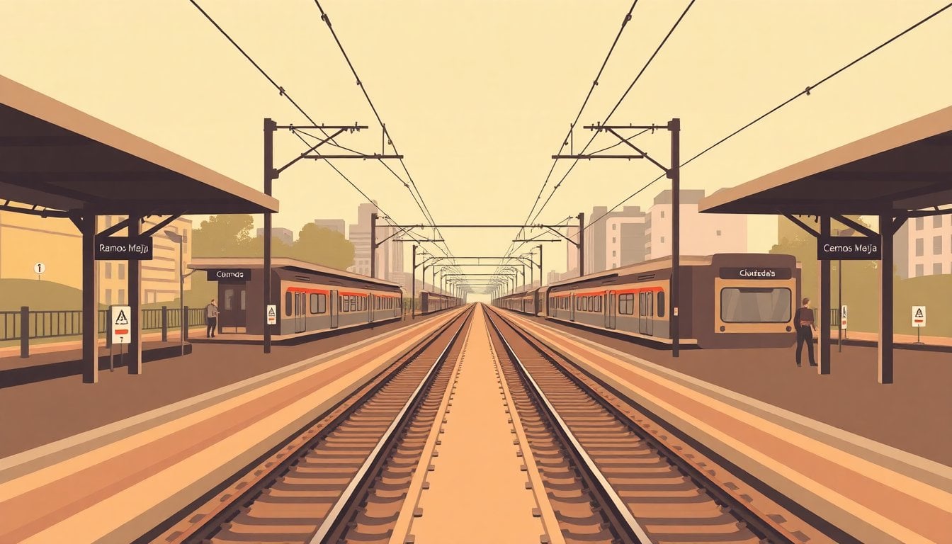 Ramos Mejía and Ciudadela railway stations central platforms on the Sarmiento line, suburban Buenos Aires train tracks, overcast daylight, no people in foreground