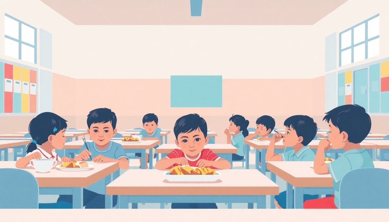 Latin American children eating at a school cafeteria, colorful classroom walls, natural daylight, mid-shot, no adults in foreground