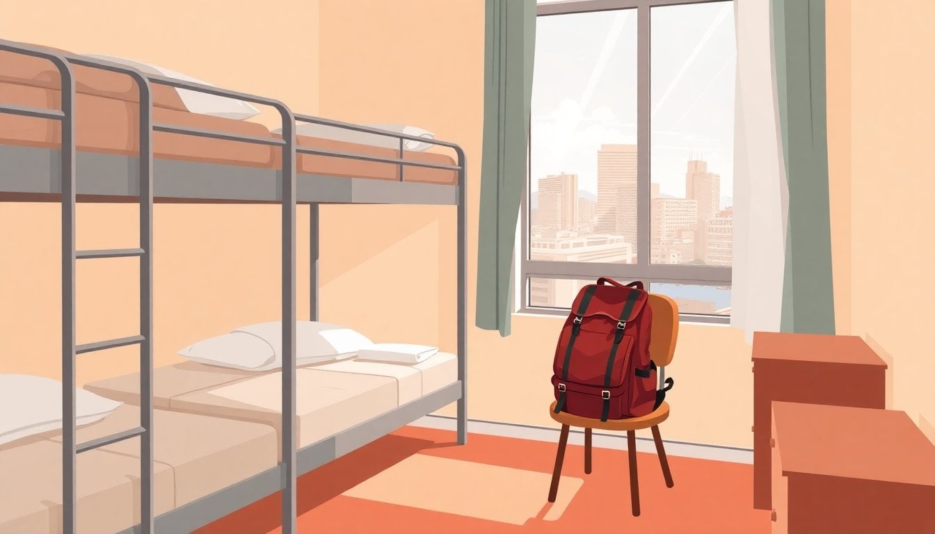 tourist hostel dorm room with simple bunk beds, backpack on chair, window view of an Argentine coastal city, warm daylight