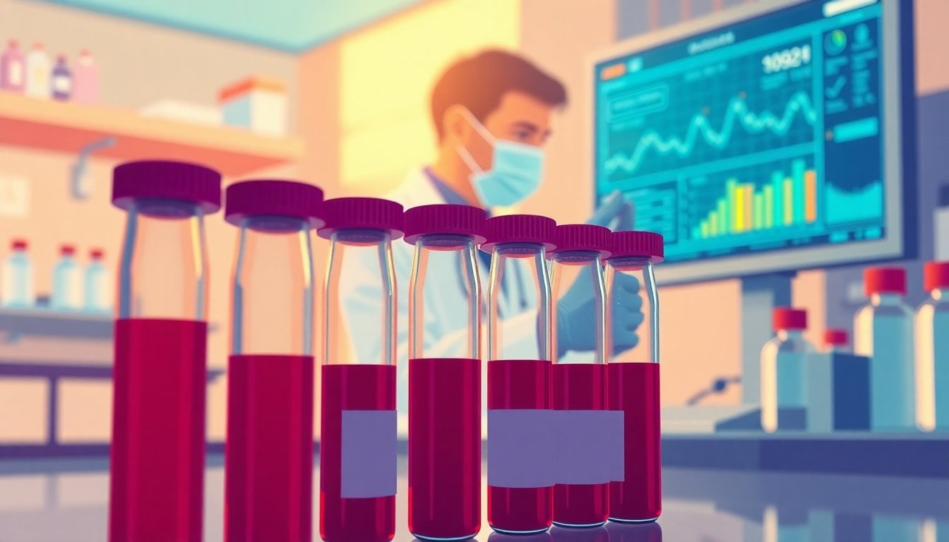 close-up of blood sample vials in a clinical laboratory with medical researcher in background analyzing data on screen