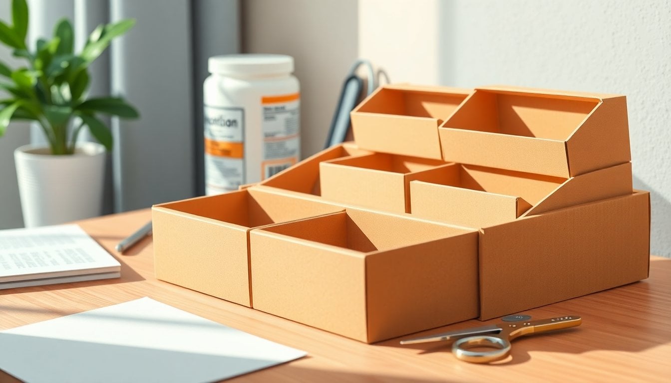 empty cardboard medicine boxes arranged as drawer organizers on a wooden desk, craft paper and scissors nearby, natural daylight, close-up