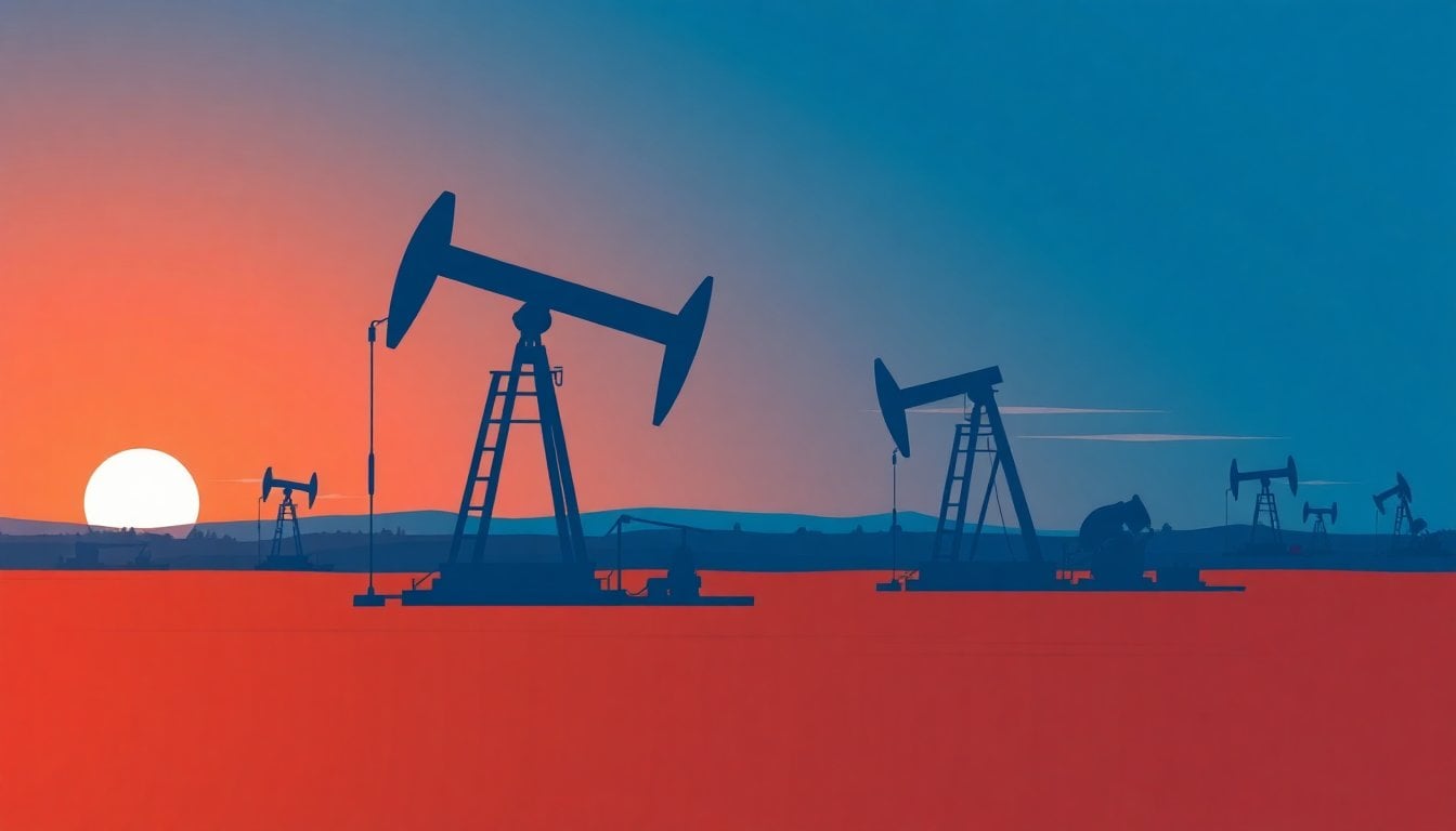 oil pump jacks operating in Venezuelan oilfield at dusk, industrial landscape, flat terrain, orange sky