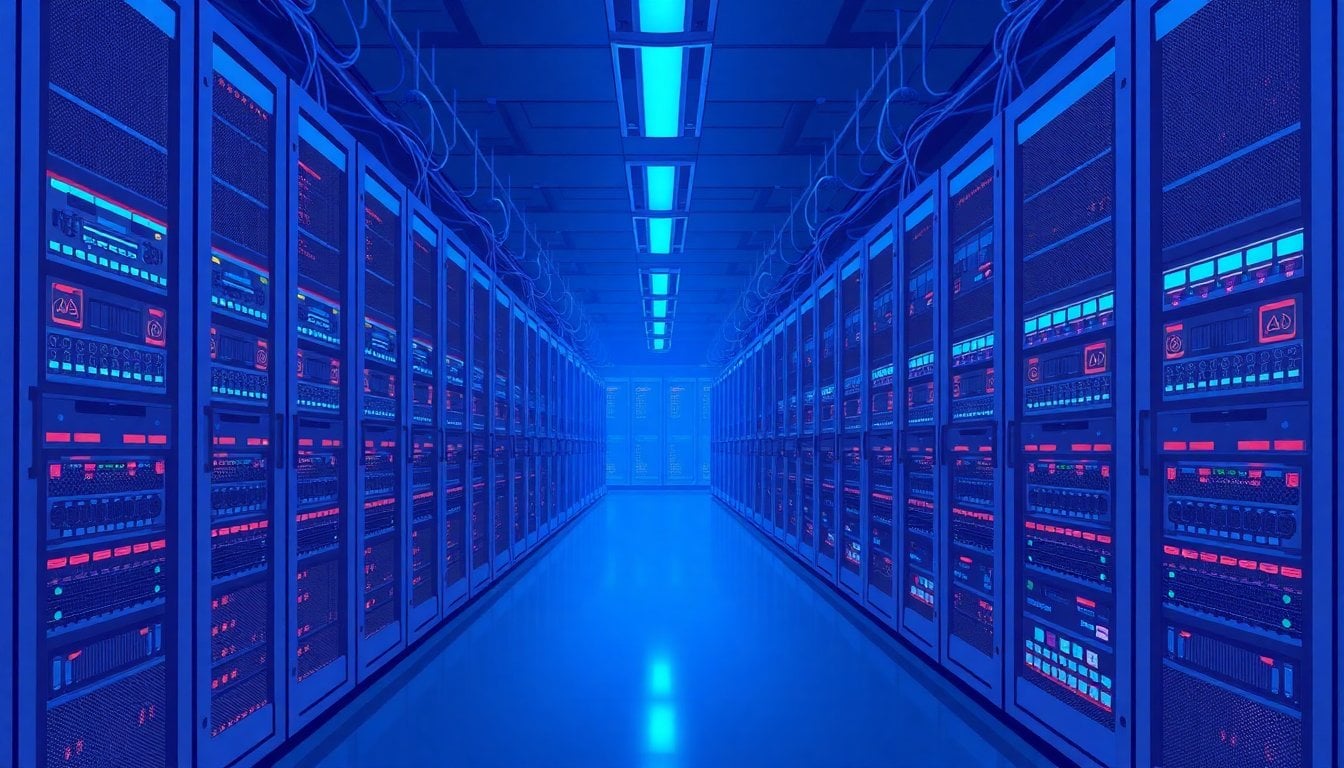 rows of AI server racks in a large data center, blue ambient lighting, cables and blinking lights, no people visible