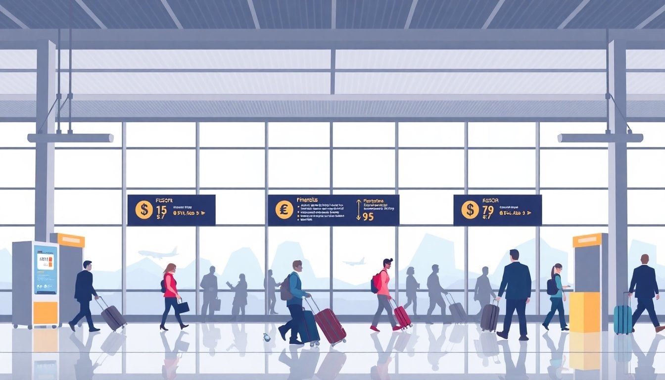 Argentine international airport departure hall with travelers and luggage, signage visible, natural light from large windows, no crowding