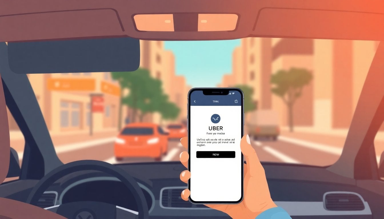 Uber app notification screen on smartphone held inside a car, blurred city street through windshield, shallow depth of field