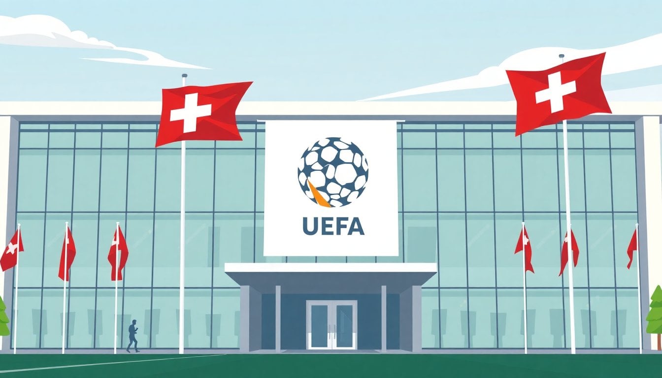 UEFA headquarters exterior in Nyon Switzerland with football-themed flags and modern glass facade, daylight, no people visible