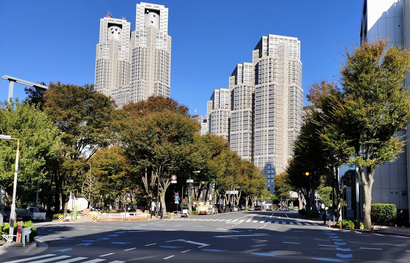 東京都新宿区西新宿にある新宿中央公園の南西端。奥に都庁(左が第一庁舎、右が第二庁舎)。