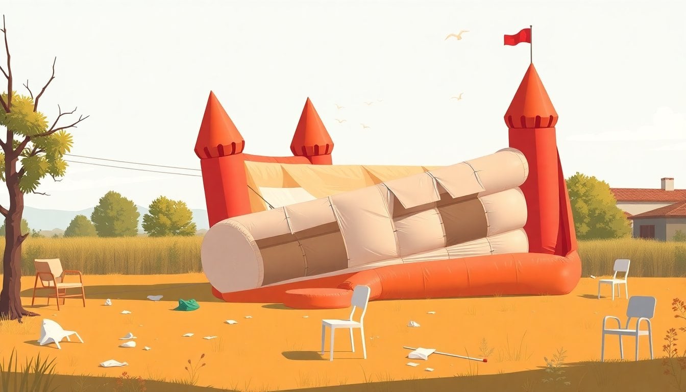 deflated inflatable castle tipped over on a rural party lawn in Santa Fe, scattered plastic and empty chairs, daylight, no people visible