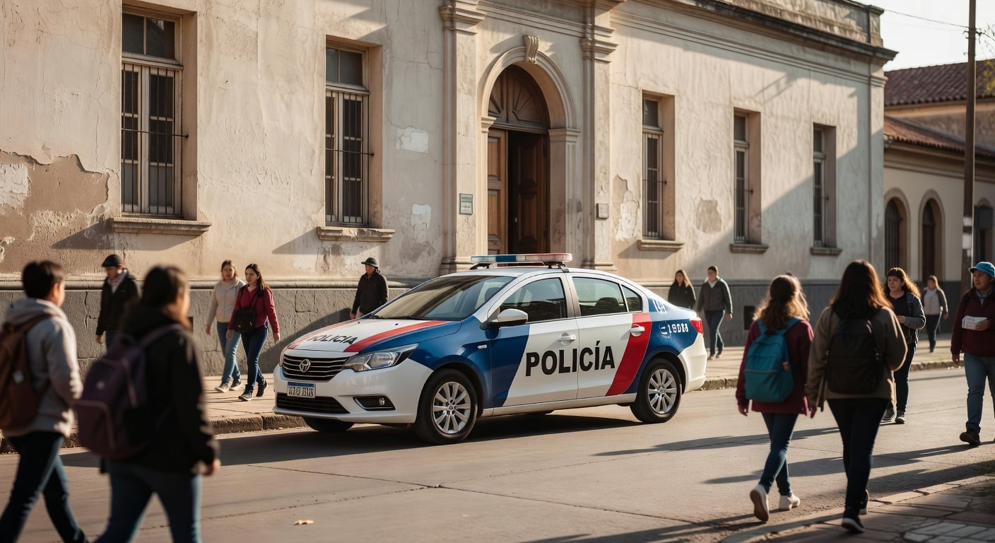 Argentine police patrol car parked outside a public school building in Córdoba, mid-morning light, no visible faces