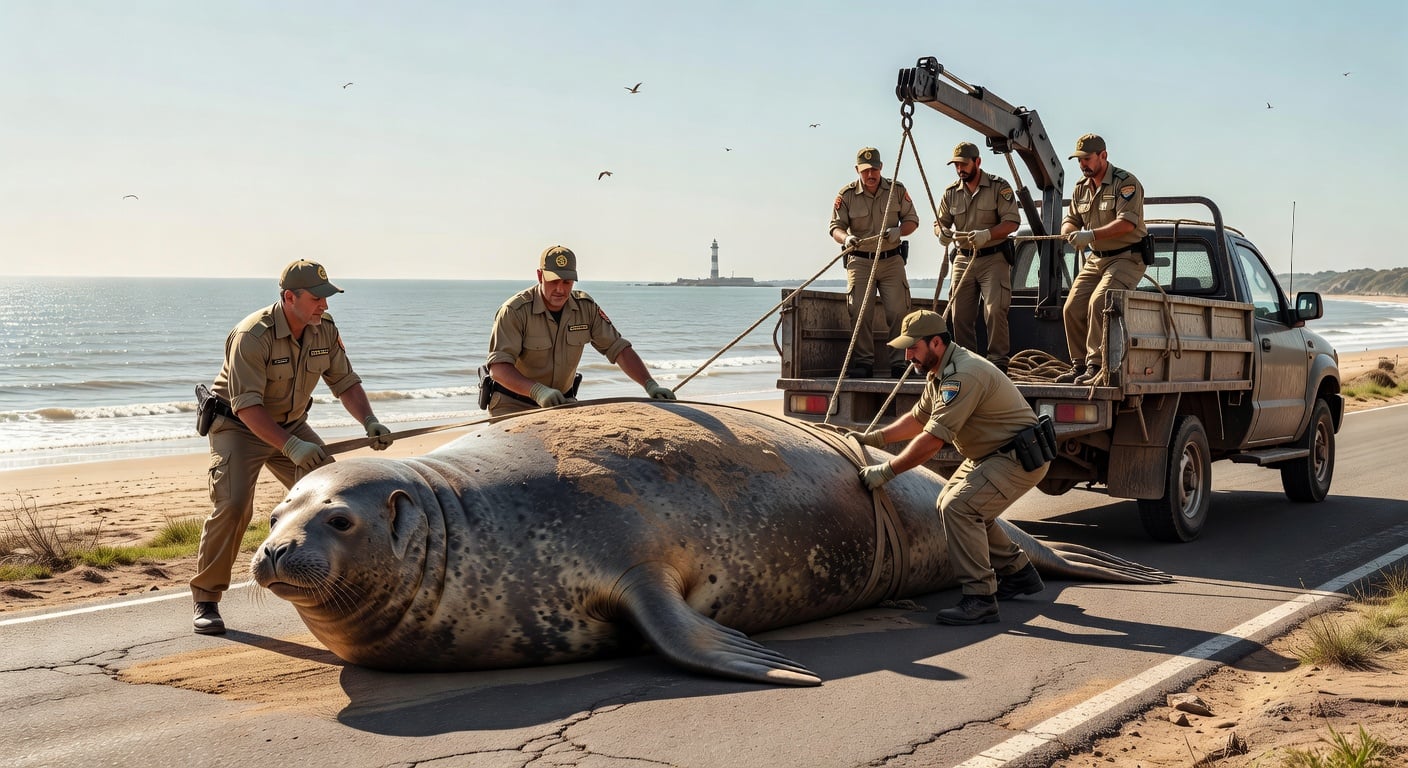 southern elephant seal being rescued on a coastal road near Buenos Aires province, wildlife officers, truck loading operation, daylight