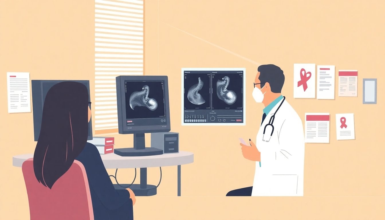 doctor examining arterial ultrasound scan next to breast cancer awareness materials in a modern hospital consultation room, medical monitor visible, no people in foreground