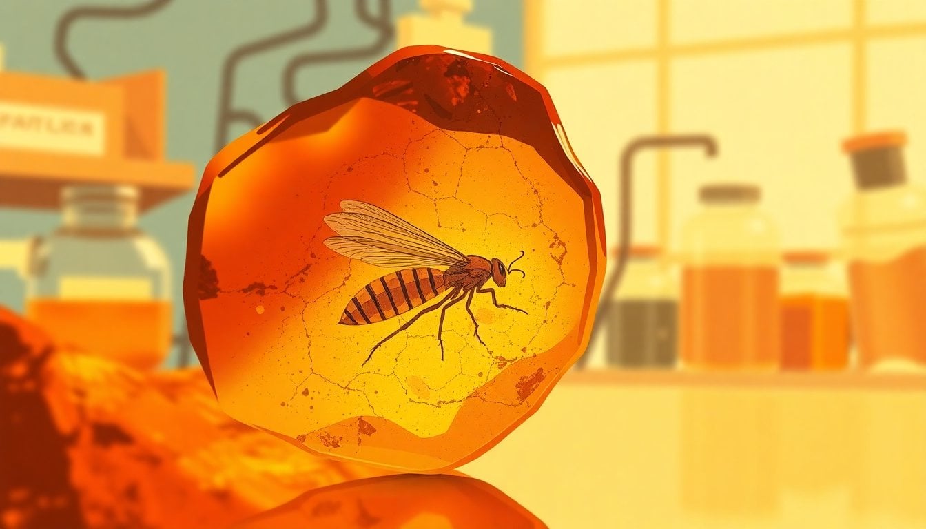 macro view of an amber fossil with a preserved tiny insect embedded inside, scientific lab background, warm golden tones, no people visible