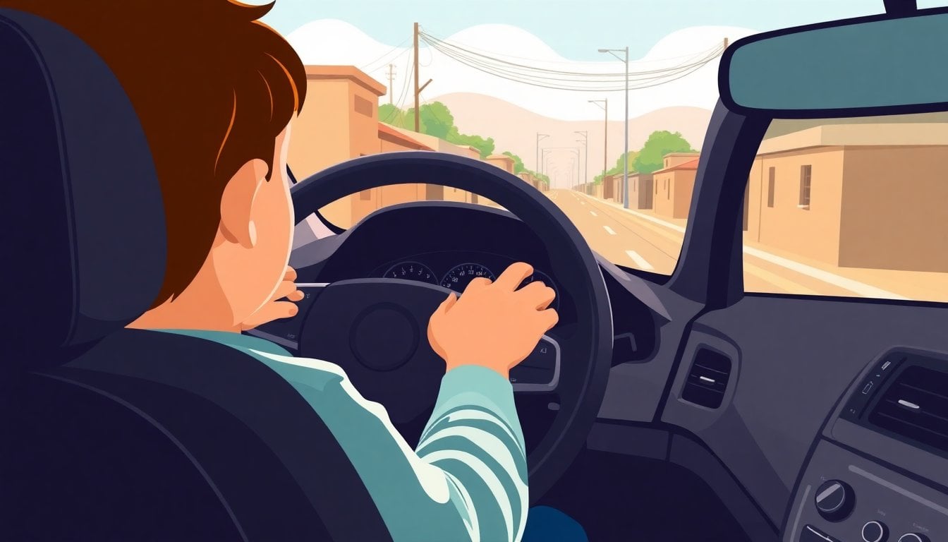child hands on steering wheel of a car, seen from passenger seat, rural Argentine town street in background, natural daylight
