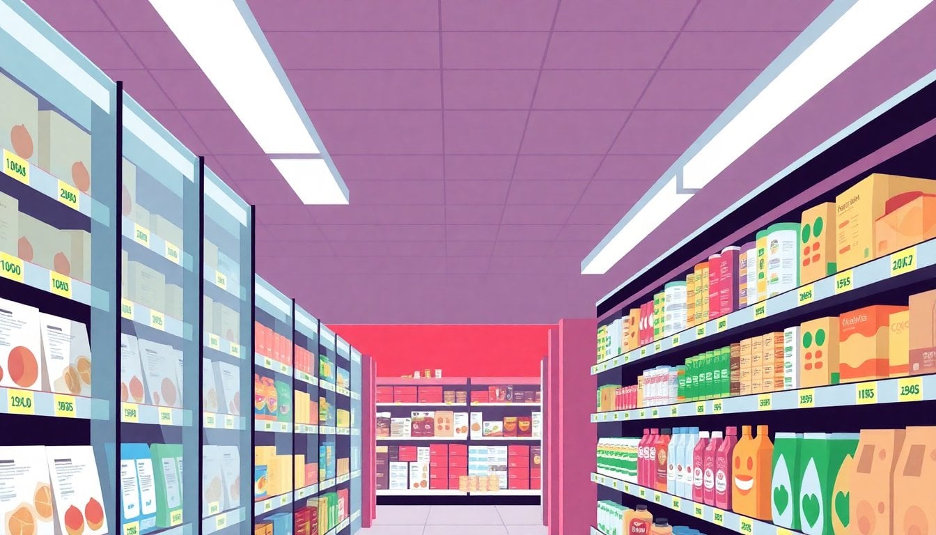 supermarket aisle with visible price tags on packaged goods, Argentine consumer products, fluorescent lighting, close-up shelf labels