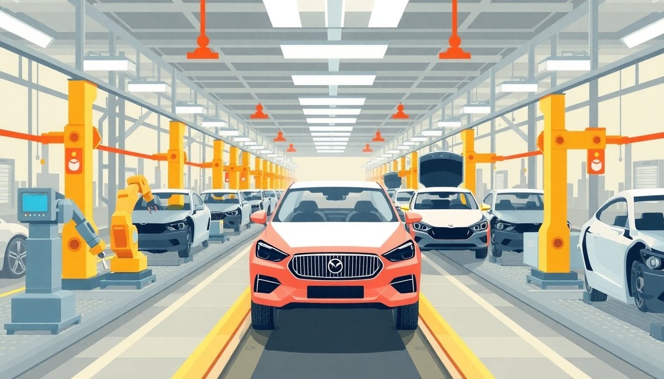 modern automotive assembly plant interior with robots and unfinished car bodies on conveyor belts, industrial lighting, wide shot, no people visible