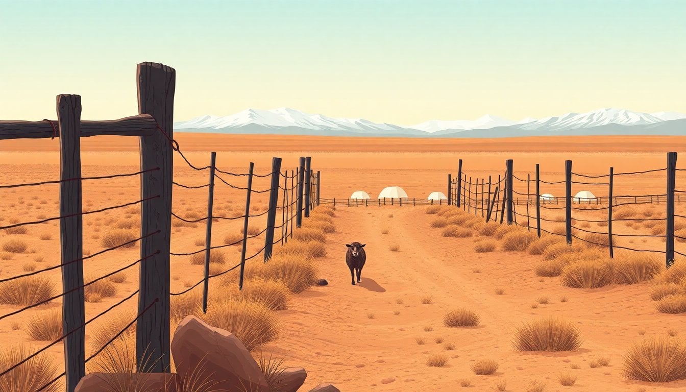 vast Patagonian sheep ranch landscape with weathered wooden fencing, dry steppe, distant snow-capped mountains, no people visible