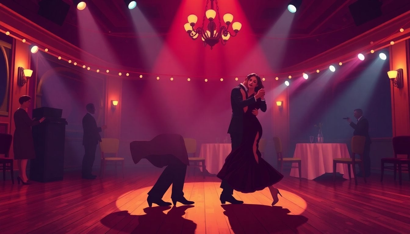 Buenos Aires milonga tango dancers embracing on wooden dance floor, dramatic lighting, vintage ballroom atmosphere, no faces visible