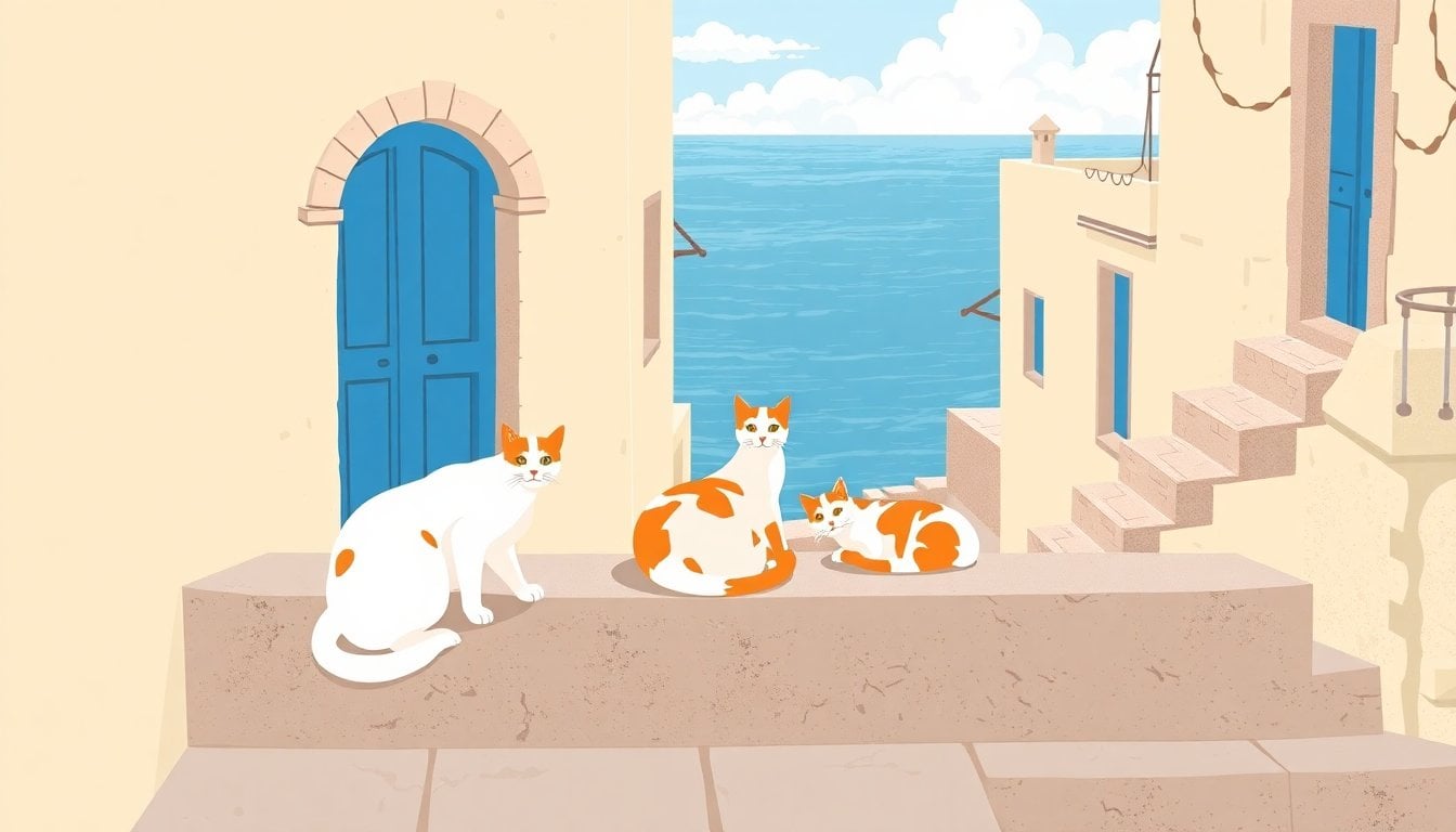 white and orange stray cats resting on ancient stone steps of a Greek island village, blue sea in background, sunny day, no people