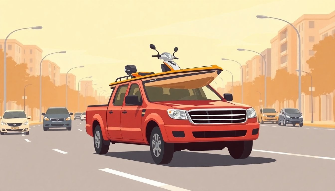 pickup truck on a city avenue with a small motorboat resting across the hood and windshield, daylight, urban traffic lane, no people visible