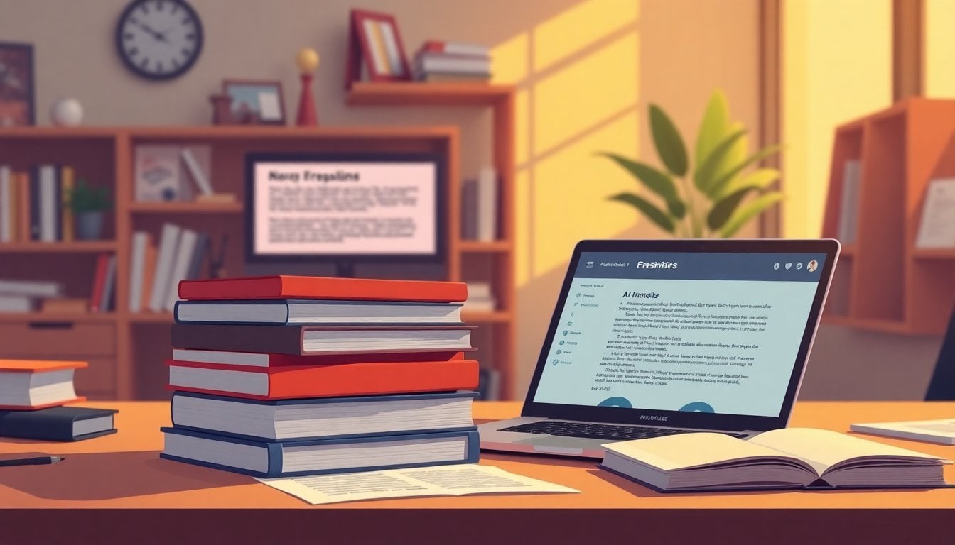stack of modern Spanish-language novels on a desk beside a laptop screen showing AI text analysis results, editorial office, warm daylight, no people visible