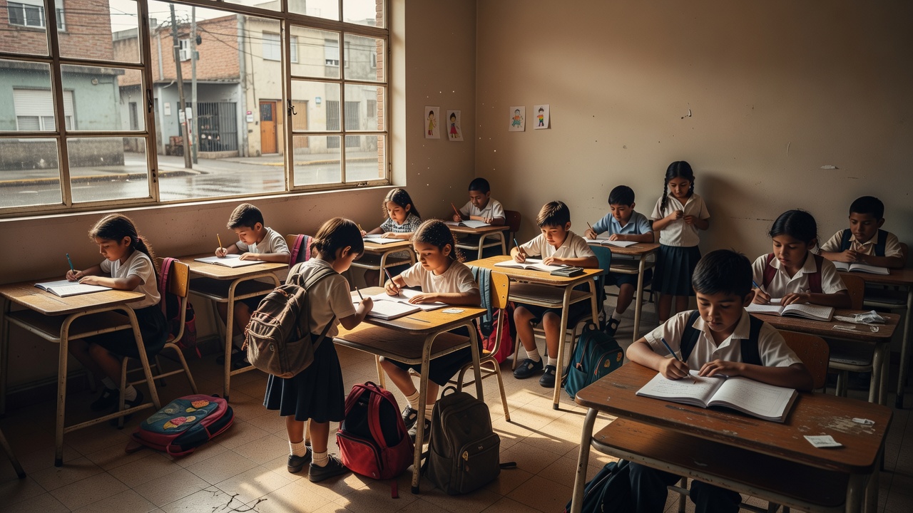 Argentine children in a school classroom, low-income neighborhood, natural light through windows, backpacks and notebooks visible, no adult faces