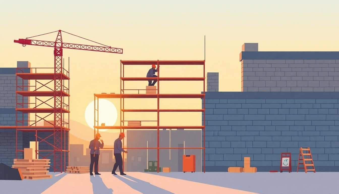 construction workers building site in Argentina, scaffolding and brickwork in progress, morning light, no close-up faces