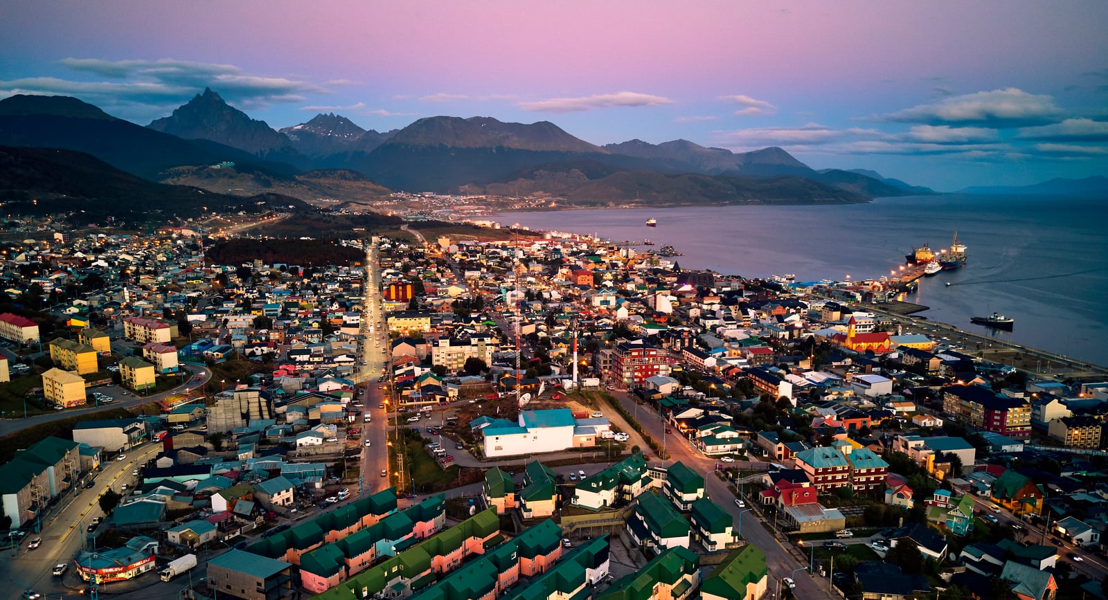 Aerial view of the center of Ushuaia, Argentina.