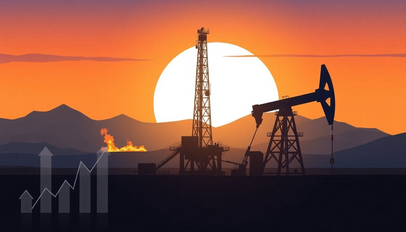 oil drilling rig in Vaca Muerta Patagonia Argentina at dusk, flares burning in background, no people visible, wide angle