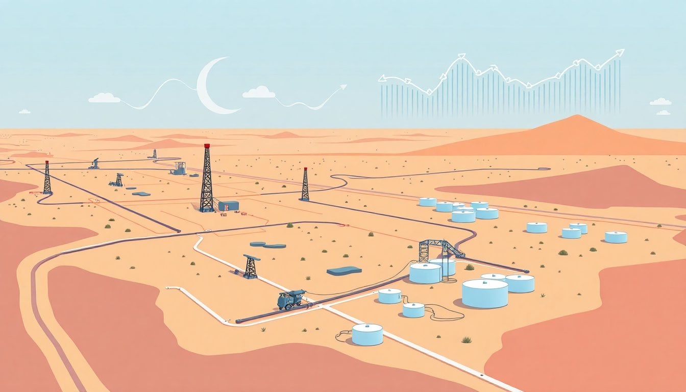oil pipeline infrastructure in Patagonia Argentina, Vaca Muerta oil field, aerial view of drilling rigs and storage tanks, arid landscape, no people