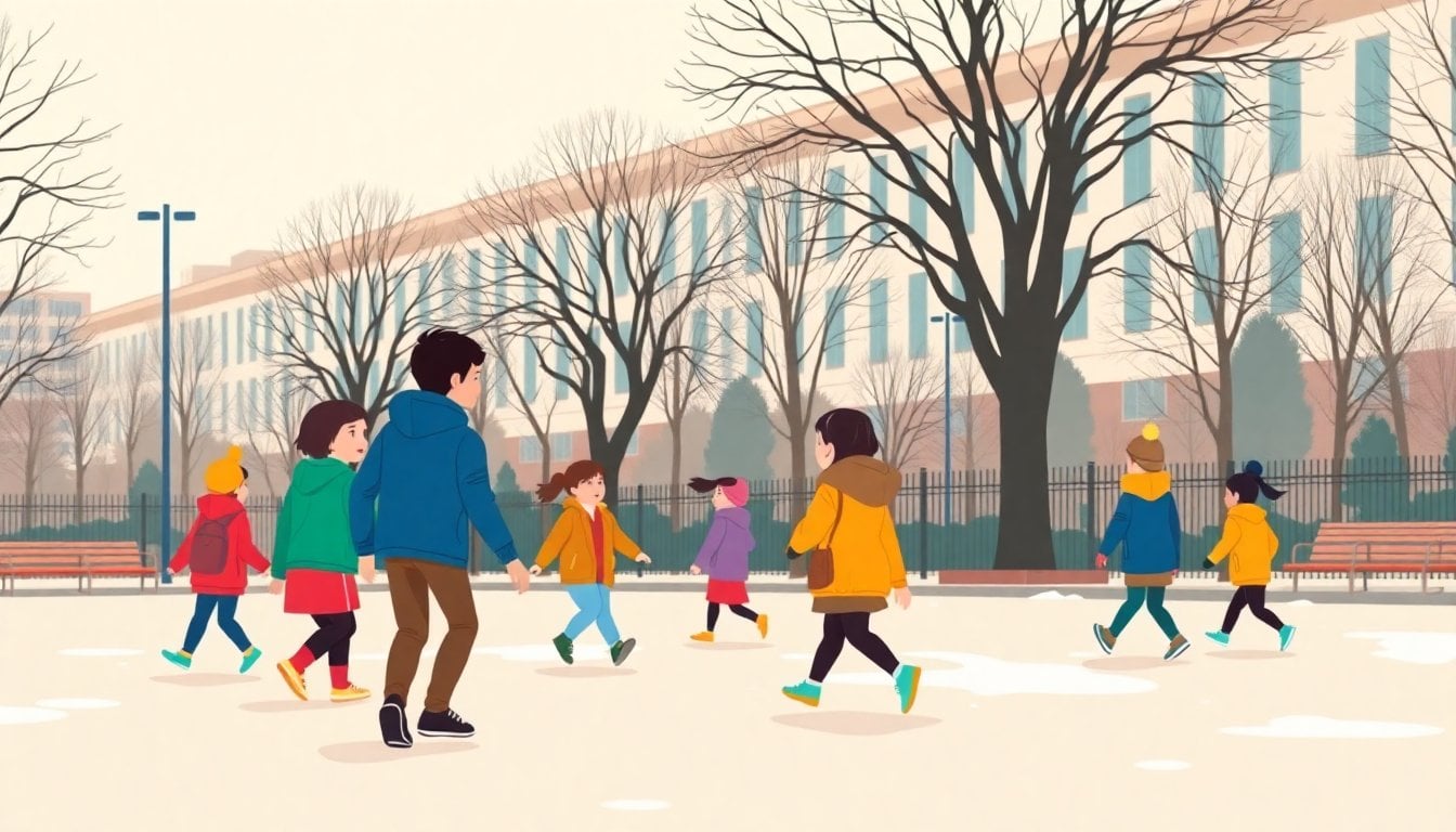 Argentine school children playing in a public park during winter school recess, colorful jackets, daytime outdoor scene, no adults in foreground