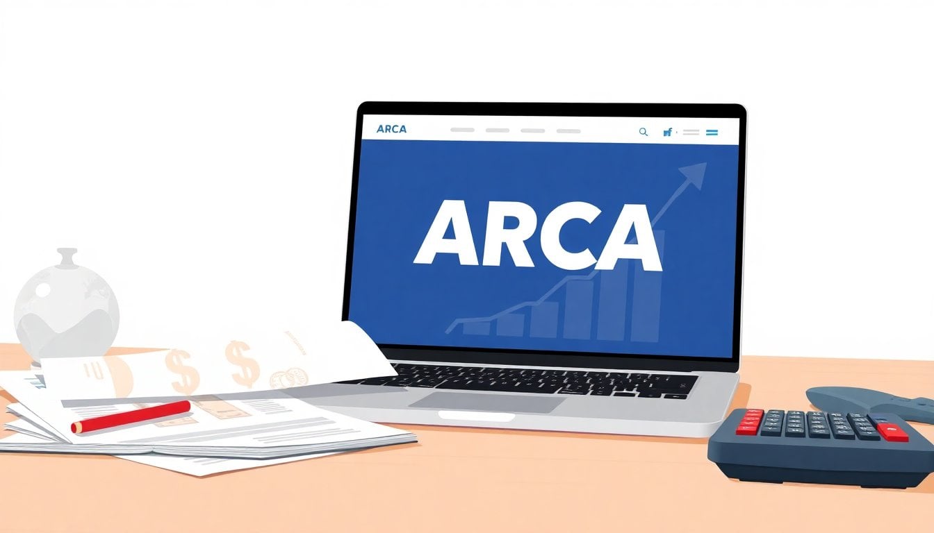 Argentine tax agency ARCA official website on laptop screen, desk with papers and calculator, close-up, neutral office lighting
