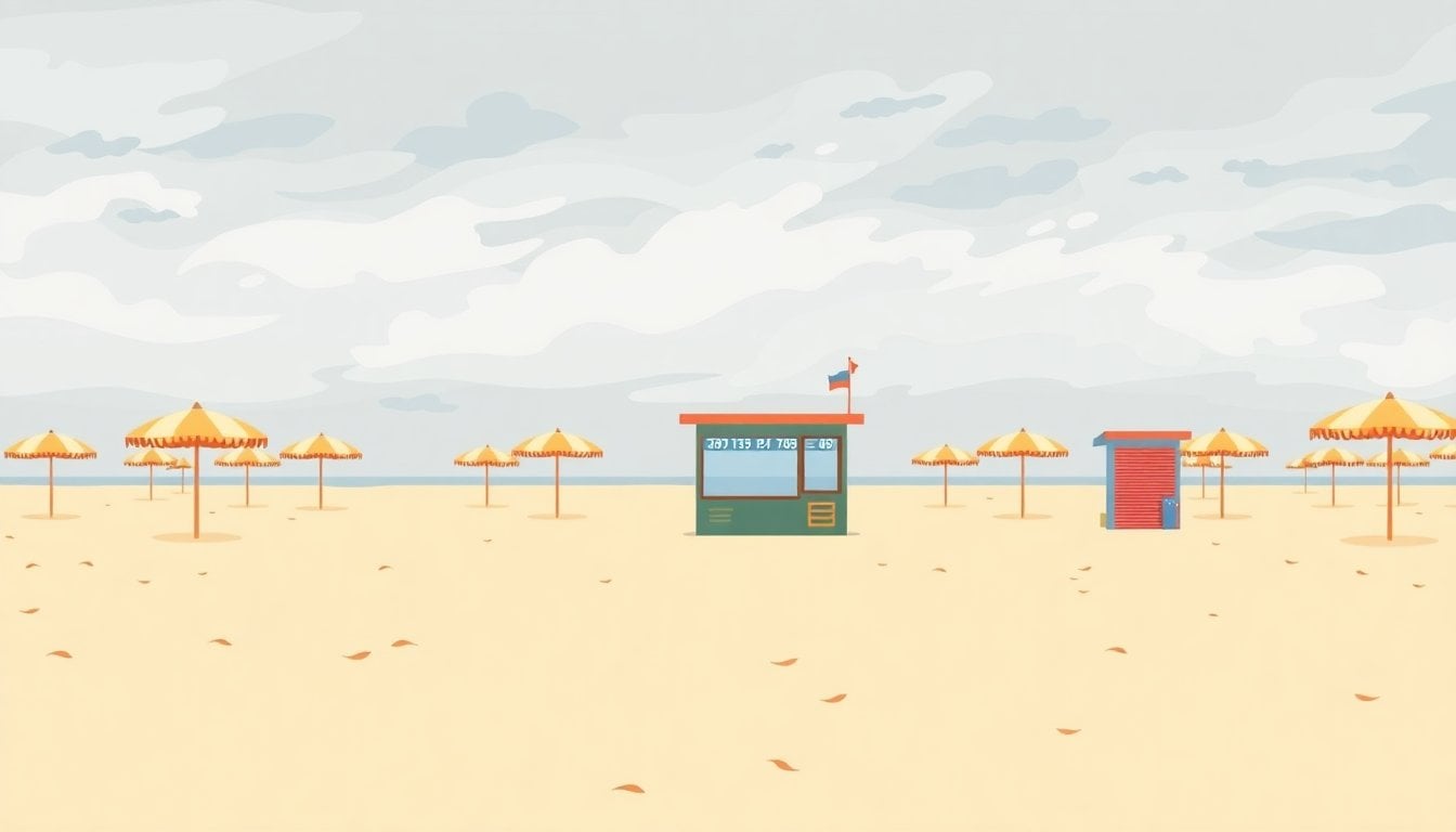 empty beach umbrellas and closed seaside kiosks on the Argentine Atlantic coast, cloudy summer sky, wind blowing sand, no people visible