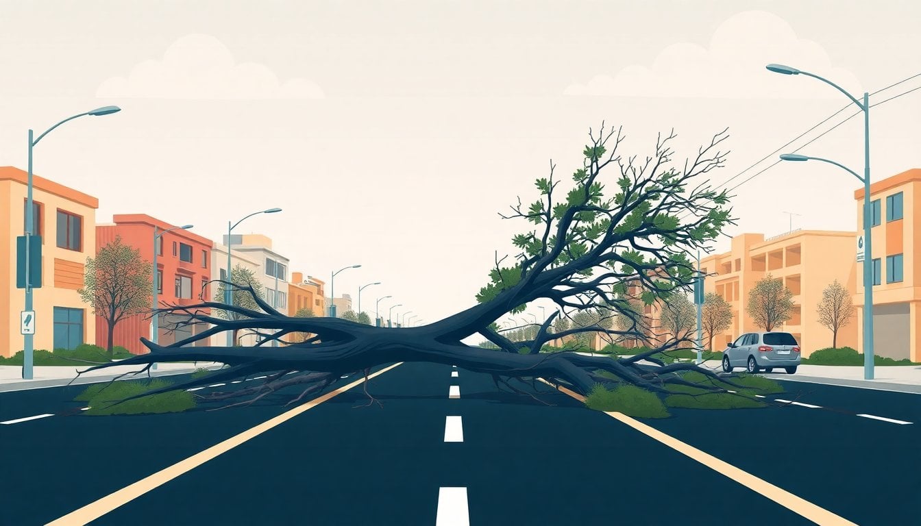 fallen tree blocking street in Argentine city after windstorm, broken branches on asphalt, overcast sky, no people