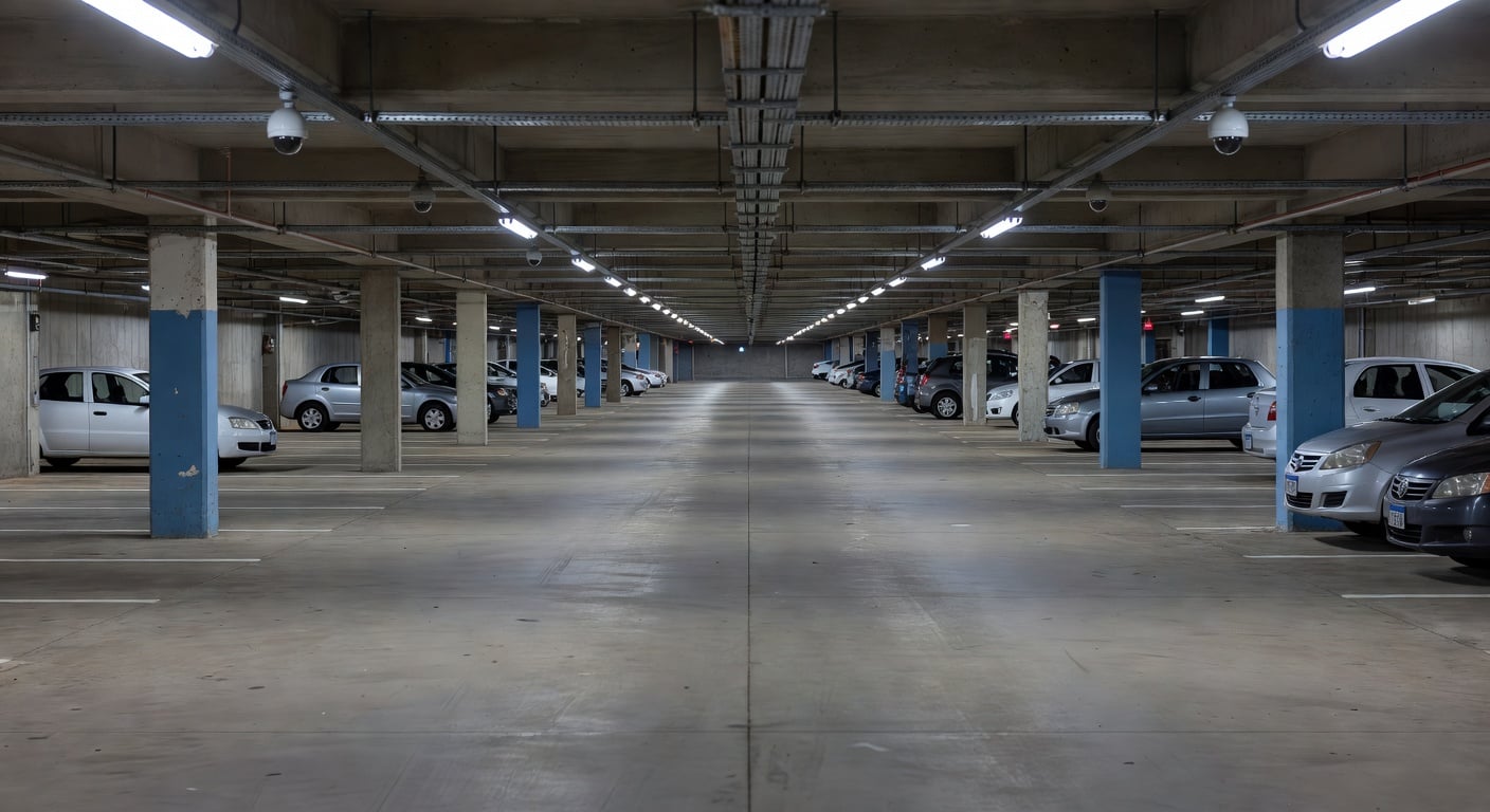 large indoor parking garage of a shopping mall in Buenos Aires suburban area, wide concrete lanes, fluorescent lighting, no people, security cameras visible on ceiling