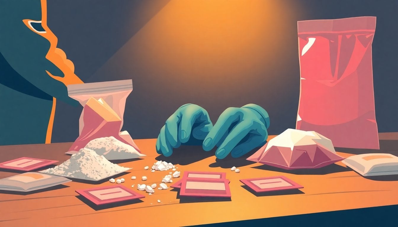 police evidence table with seized drugs including white powder and pink powder packets, gloves and evidence bags, forensic light, close-up