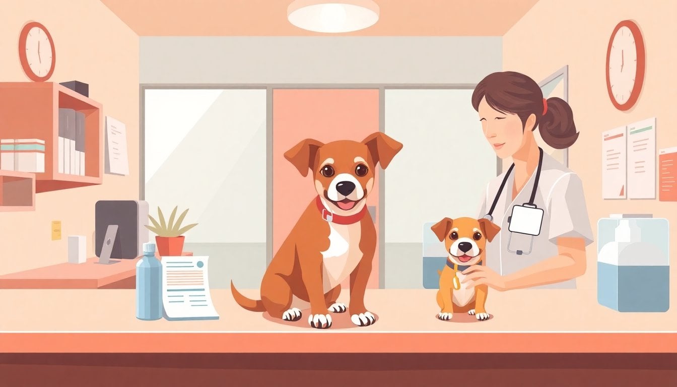veterinary clinic reception desk with a small dog being registered, pet identification card visible, bright indoor light, no close-up faces