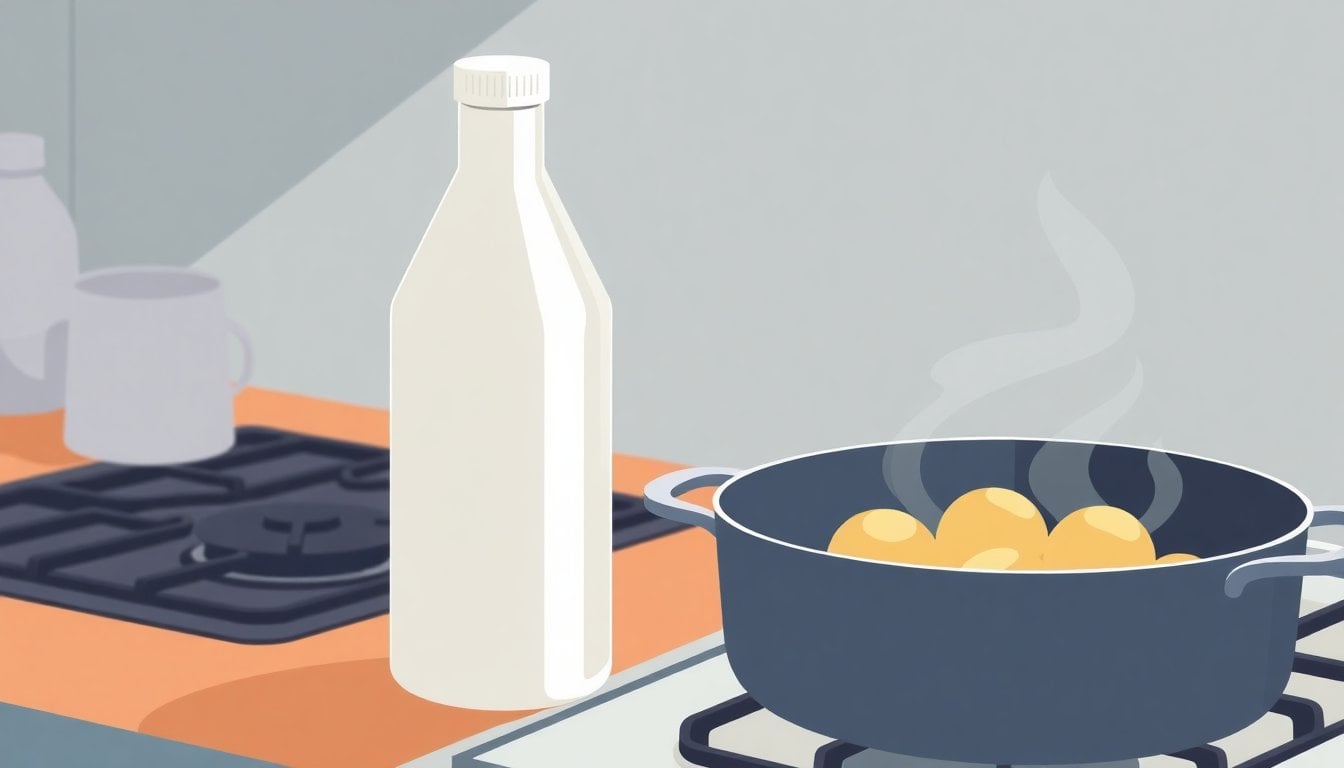 white vinegar bottle next to cooking pot with potatoes boiling on kitchen stove, natural light, close-up