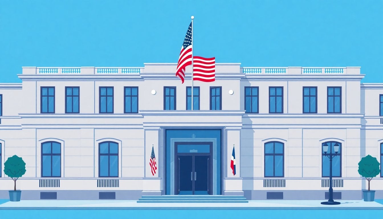 United States Embassy building facade in Buenos Aires Argentina, American flag, consular section entrance, daytime