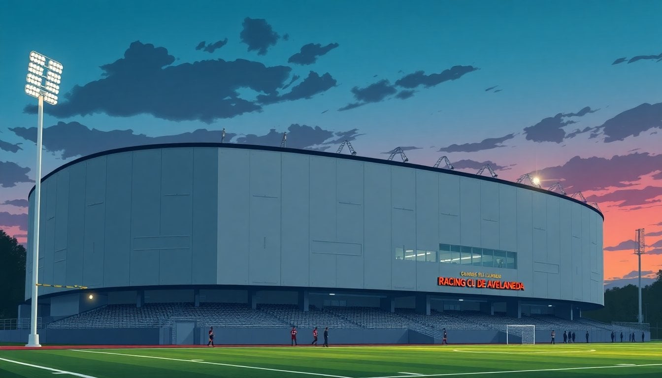 Racing Club de Avellaneda stadium El Cilindro exterior at dusk, concrete facade, floodlights on