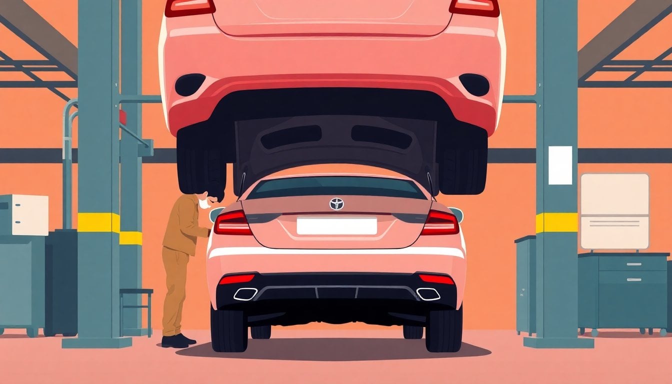 car undergoing technical vehicle inspection at Buenos Aires VTV center, mechanic checking underneath vehicle, workshop environment, no faces visible