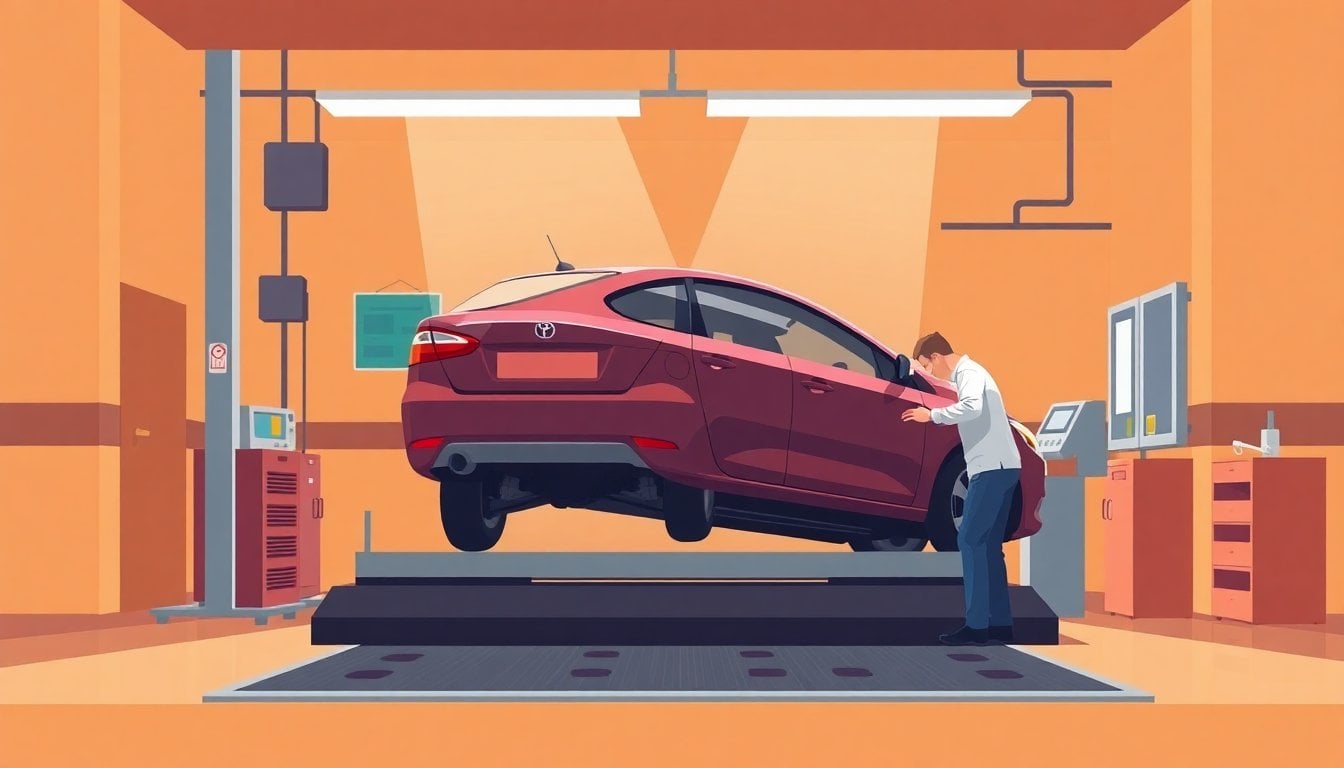 vehicle inspection station in Buenos Aires, car on diagnostic ramp, technician checking undercarriage, fluorescent lighting, no people in foreground