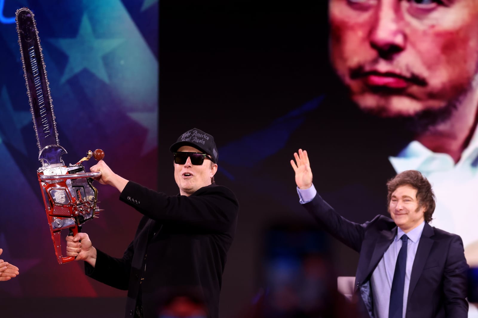 Elon Musk and President of Argentina Javier Milei speaking at the 2025 Conservative Political Action Conference (CPAC) at the Gaylord National Resort & Convention Center in National Harbor, Maryland.