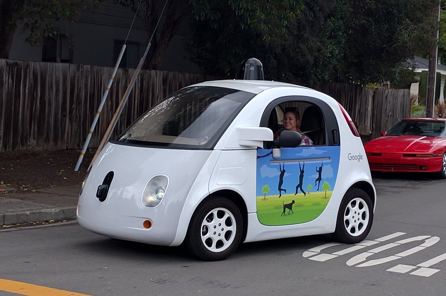 A Google self-driving car at the intersection of Junction Ave and North Rengstorff Ave in Mountain View. This picture was taken from the bike lane of North Rengstorff Ave.