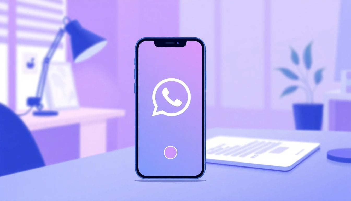 smartphone screen showing WhatsApp video call interface with camera icon, blurred home office desk background